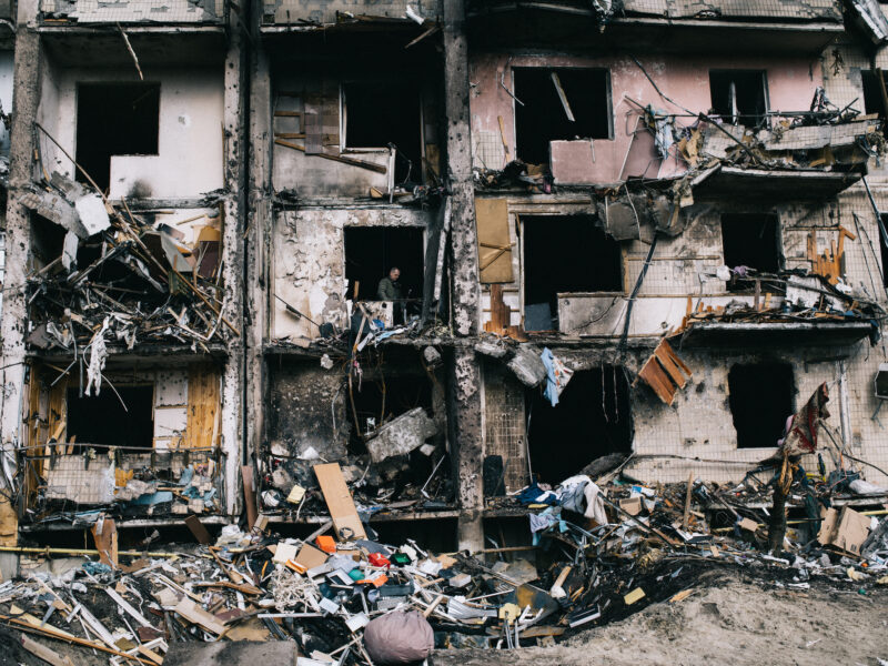 Apartment building destroyed after the rocket attack by Russia, Pozniaky district, Kyiv, Ukraine.